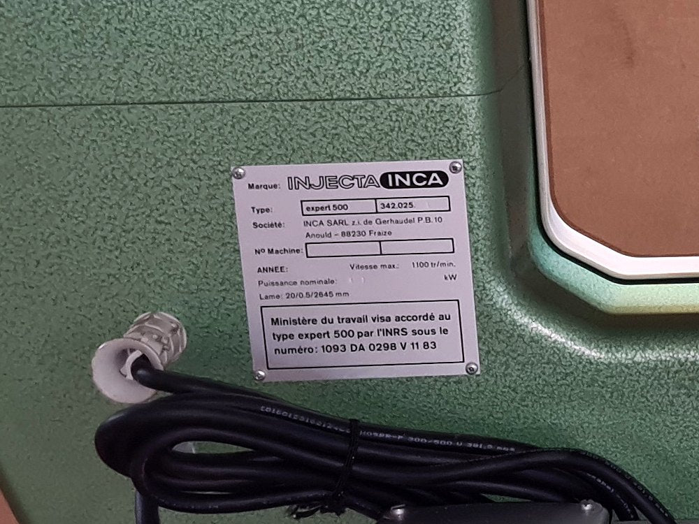 Rating plate of an Inca Expert 500 bandsaw (342.025): Injecta Inca, INCA SARL, Anould, France